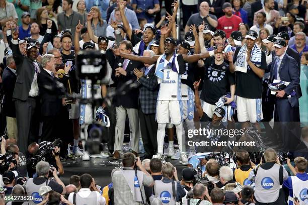 Theo Pinson of the North Carolina Tar Heels celebrates with teammates and fans during the 2017 NCAA Photos via Getty Images Men's Final Four National...