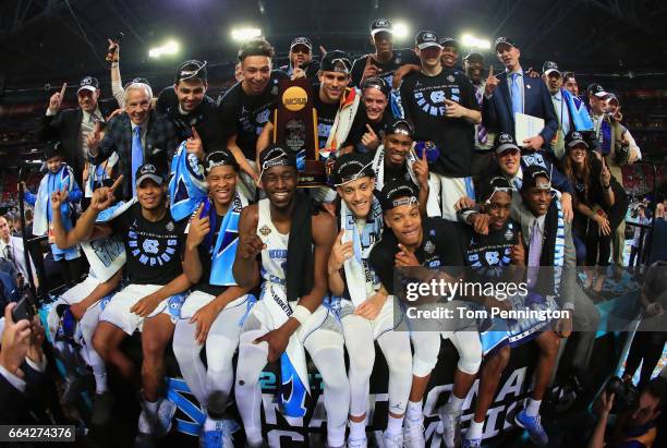 The North Carolina Tar Heels celebrate after defeating the Gonzaga Bulldogs during the 2017 NCAA Men's Final Four National Championship game at...