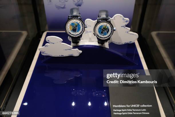 Watches from the Montblanc for UNICEF collection on display during the Montblanc & UNICEF Gala Dinner at the New York Public Library on April 3, 2017...