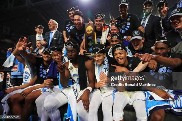 The North Carolina Tar Heels celebrate after defeating the Gonzaga Bulldogs during the 2017 NCAA Men's Final Four National Championship game at...