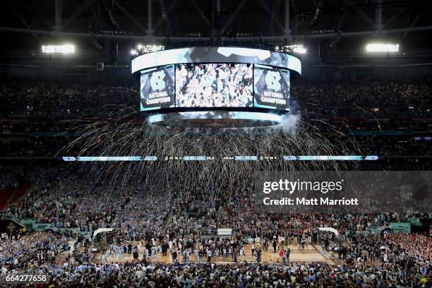 General view of the confetti drop after The North Carolina Tar Heels win during the 2017 NCAA Photos via Getty Images Men's Final Four National...