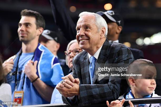 Head coach Roy Williams of the North Carolina Tar Heels celebrates after winning during the 2017 NCAA Photos via Getty Images Men's Final Four...