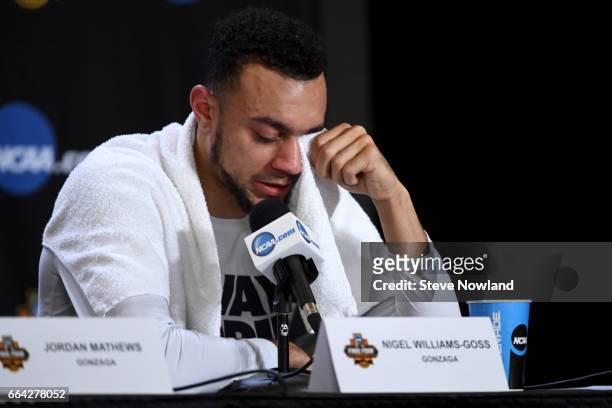 Nigel Williams-Goss of the Gonzaga Bulldogs wipes his tears during a press conference following the 2017 NCAA Photos via Getty Images Men's Final...