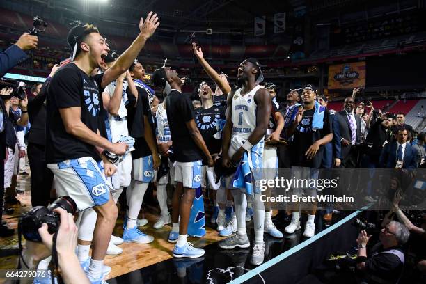 Theo Pinson of the North Carolina Tar Heels celebrates with teammates folowing the 2017 NCAA Photos via Getty Images Men's Final Four National...