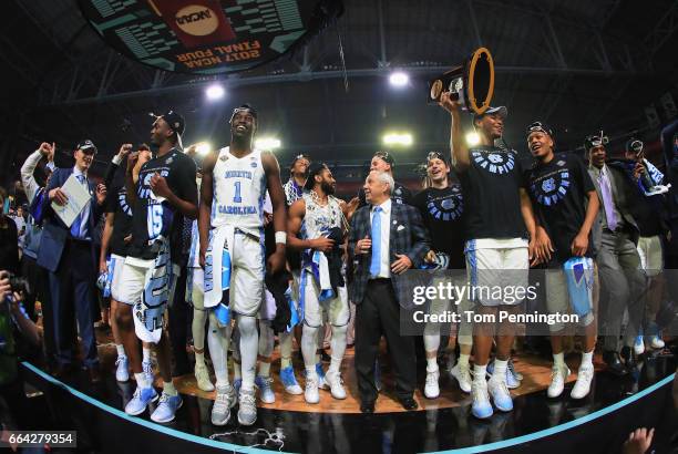 The North Carolina Tar Heels celebrate after defeating the Gonzaga Bulldogs during the 2017 NCAA Men's Final Four National Championship game at...