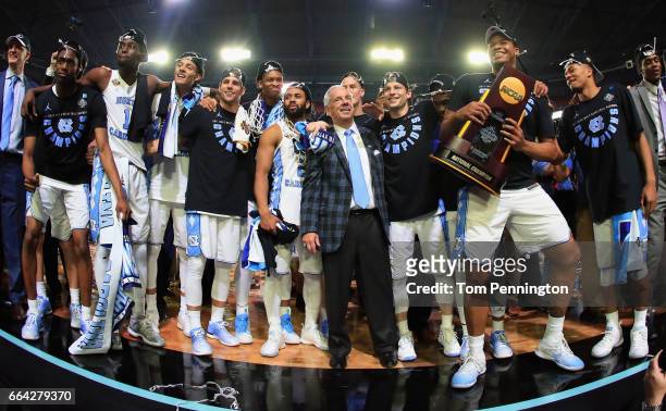 The North Carolina Tar Heels celebrate after defeating the Gonzaga Bulldogs during the 2017 NCAA Men's Final Four National Championship game at...