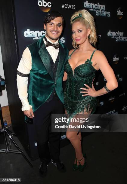 Personality Erika Jayne and dancer Gleb Savchenko attend "Dancing with the Stars" Season 24 at CBS Televison City on April 3, 2017 in Los Angeles,...
