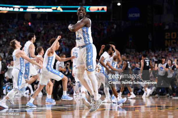 Theo Pinson of the North Carolina Tar Heels and teammates celebrate after time expires during the 2017 NCAA Photos via Getty Images Men's Final Four...
