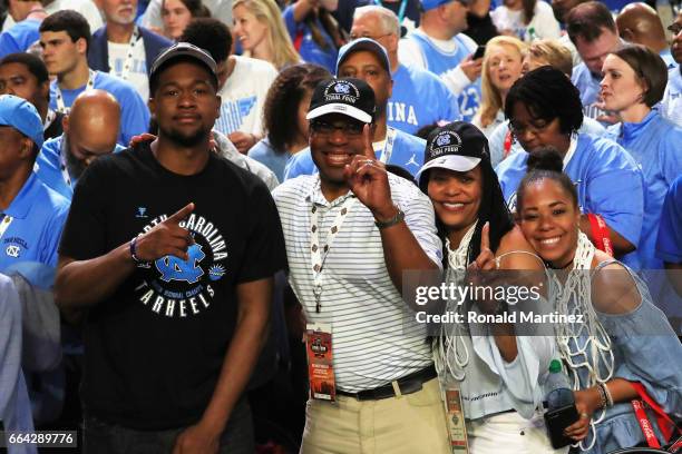 Kris Jenkins of the Villanova Wildcats poses with his family after the North Carolina Tar Heels defeated the Gonzaga Bulldogs during the 2017 NCAA...