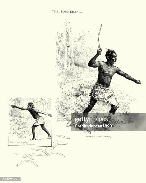 man throwing a boomerang, 19th century - australian aboriginal culture stock illustrations