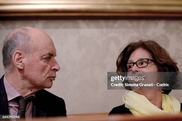 Claudio Regeni an Paola Regeni attend a press conference relating to the case of the murder of their son Giulio Regeni at the Italian Senate on April...