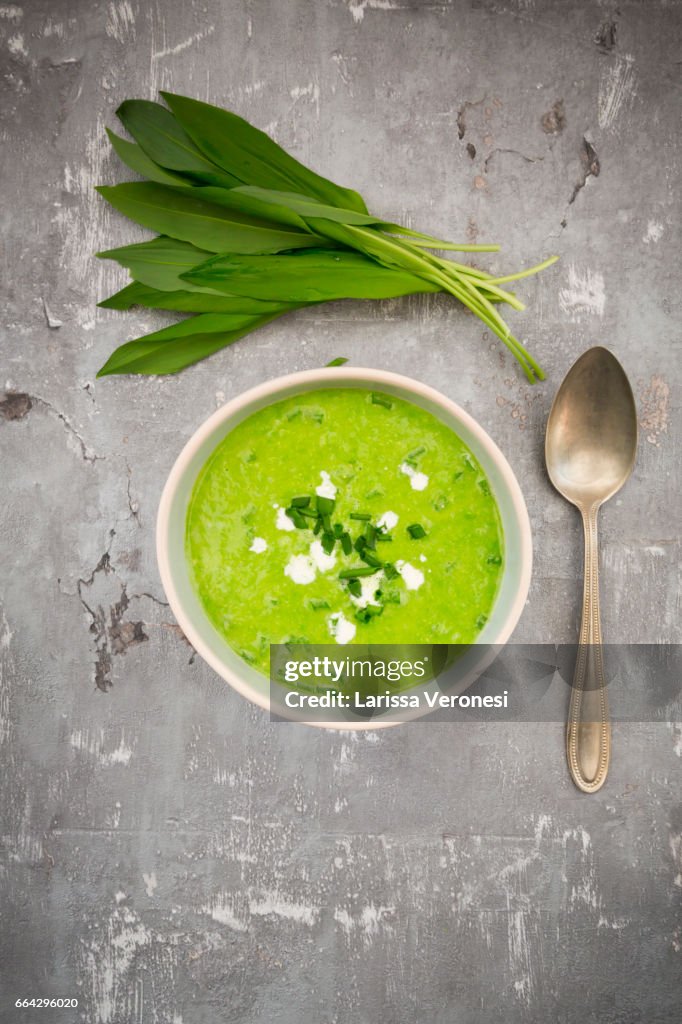 Bowl of bears garlic soup and fresh ramson leaves