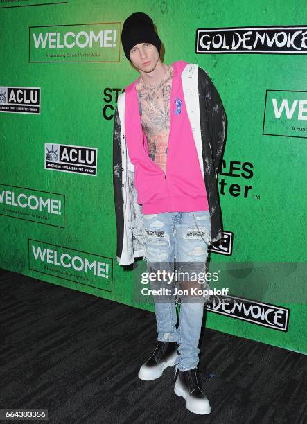 Machine Gun Kelly arrives at Zedd Presents WELCOME! - Fundraising Concert Benefiting The ACLU at Staples Center on April 3, 2017 in Los Angeles,...