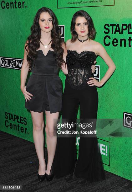 Vanessa Marano and sister Laura Marano arrive at Zedd Presents WELCOME! - Fundraising Concert Benefiting The ACLU at Staples Center on April 3, 2017...
