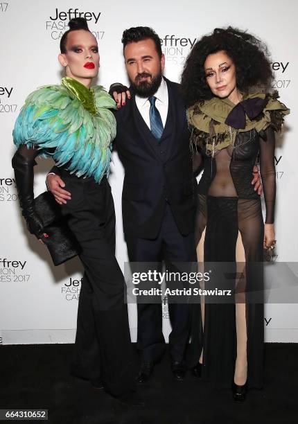 Kyle Farmery, Chris Salgardo, president of Kiehl's and Susanne Bartsch attend Jeffrey Fashion Cares 2017 at Intrepid Sea-Air-Space Museum on April 3,...