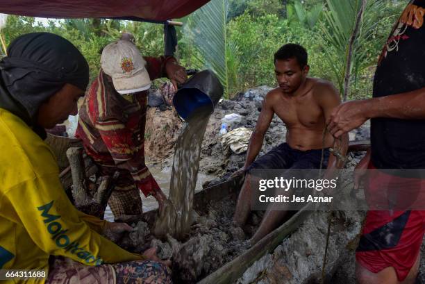 The Balderosdasco family manually dissolving mud with their feet and hands to look for gold on March 22, 2017 in Paracale, Philippines. Apart from...