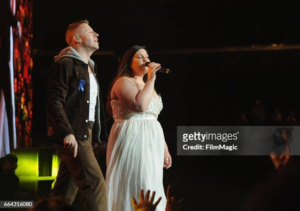Macklemore and Mary Lambert perform onstage at WELCOME! - Fundraising Concert Benefiting The ACLU presented by Zedd at Staples Center on April 3,...