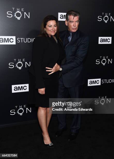 Actor Pierce Brosnan and journalist Keely Shaye Smith arrive at the premiere of AMC's "The Son" at ArcLight Hollywood on April 3, 2017 in Hollywood,...