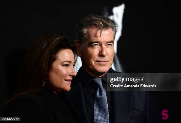 Actor Pierce Brosnan and journalist Keely Shaye Smith arrive at the premiere of AMC's "The Son" at ArcLight Hollywood on April 3, 2017 in Hollywood,...