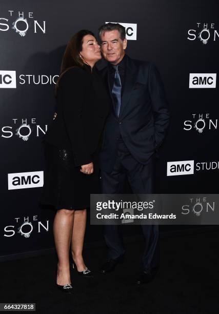 Actor Pierce Brosnan and journalist Keely Shaye Smith arrive at the premiere of AMC's "The Son" at ArcLight Hollywood on April 3, 2017 in Hollywood,...