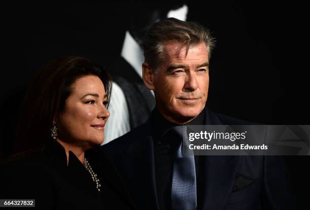 Actor Pierce Brosnan and journalist Keely Shaye Smith arrive at the premiere of AMC's "The Son" at ArcLight Hollywood on April 3, 2017 in Hollywood,...