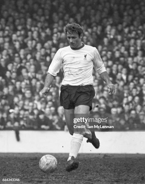 Roger Hunt of Liverpool playing against West Ham, in the Football League Division 1, at Upton Park London on 22nd February 1969.