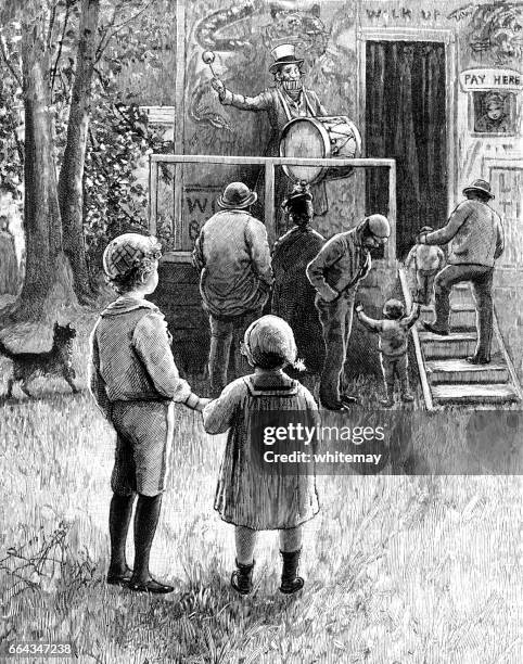 little victorian children visiting a fairground attraction - victorian carnival stock illustrations