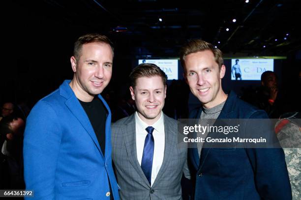 Robert Kogan, Kip Cronkite and Benjamin Dixon attended the Jeffrey Fashion Cares show, at Intrepid Sea-Air-Space Museum on April 3, 2017 in New York...