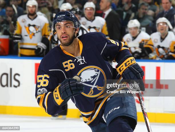 Justin Bailey of the Buffalo Sabres skates against the Pittsburgh Penguins during an NHL game at the KeyBank Center on March 21, 2017 in Buffalo, New...