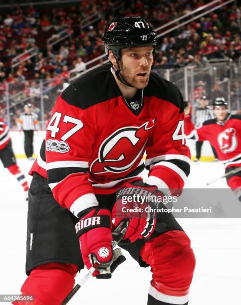 Dalton Prout of the New Jersey Devils skates during the game against the Winnipeg Jets on March 28, 2017 at the Prudential Center in Newark, New...