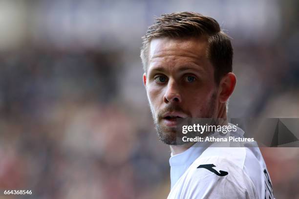 Gylfi Sigurdsson of Swansea City during the Premier League match between Swansea City and Middlesbrough at The Liberty Stadium on April 2, 2017 in...