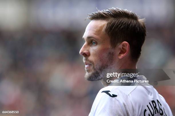 Gylfi Sigurdsson of Swansea City during the Premier League match between Swansea City and Middlesbrough at The Liberty Stadium on April 2, 2017 in...