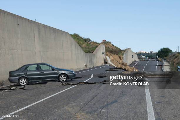 Destroyed road because of the wide landslide unleashed in recent days by the heavy rains of the hurricane that hit the Neptune Basilicata, in...