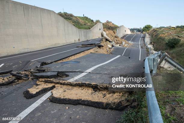 Destroyed road because of the wide landslide unleashed in recent days by the heavy rains of the hurricane that hit the Neptune Basilicata, in...