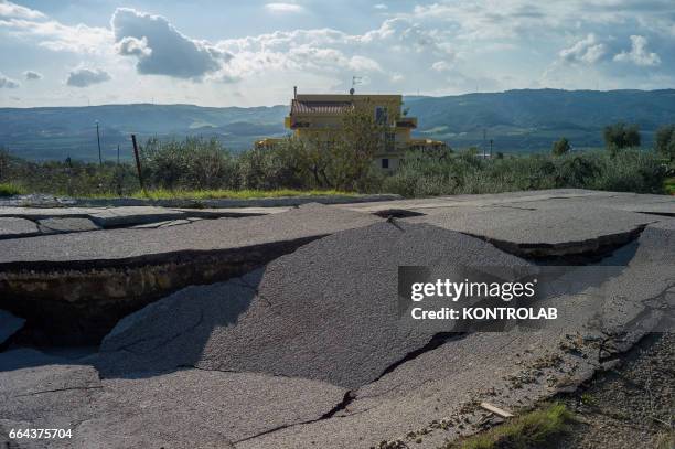 Destroyed road because of the wide landslide unleashed in recent days by the heavy rains of the hurricane that hit the Neptune Basilicata, in...