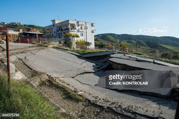 Destroyed road because of the wide landslide unleashed in recent days by the heavy rains of the hurricane that hit the Neptune Basilicata, in...