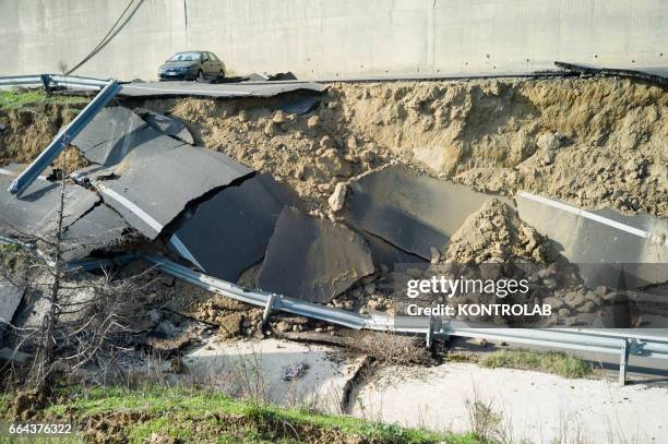 Destroyed road because of the wide landslide unleashed in recent days by the heavy rains of the hurricane that hit the Neptune Basilicata, in...