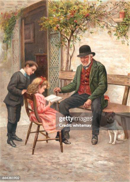 little victorian girl reading a book with her family and dog - granddaughter stock illustrations