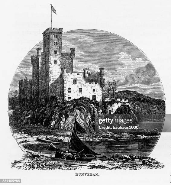 dunvegan castle, isle of skye in hebrides, scotland victorian engraving, 1840 - scotland stock illustrations