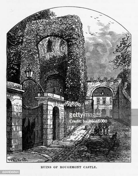 rougemont castle ruins in exeter, devon, england victorian engraving, 1840 - hever castle stock illustrations