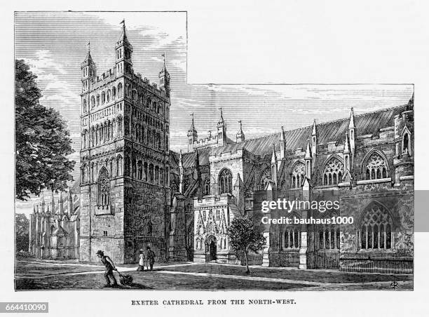 exeter cathedral in exeter, devon, england victorian engraving, 1840 - exeter stock illustrations