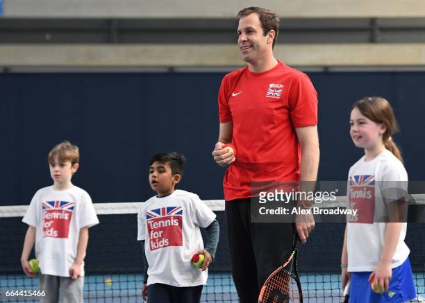 Former British No.1 Greg Rusedski attends the launch of Tennis for Kids 2017, the Lawn Tennis Association's grassroots initiative in partnership with...