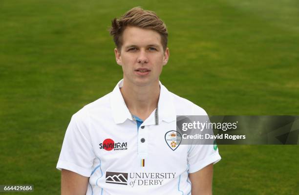 Matt Critchley poses in the Specsavers County Championship kit during the Derbyshire County Cricket photocall held at The 3aaa County Ground on April...