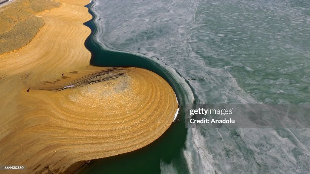 Melting ice floes over the lake in Turkey's Van