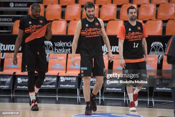 Will Thomas, #0 of Valencia Basket; Fernando San Emeterio, #19 and Rafa Martinez, #17 in action during the 2016-2017 7Days Eurocup Finals Valencia...