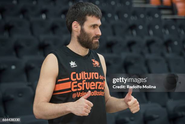 Fernando San Emeterio, #19 of Valencia Basket poses after the 2016-2017 7Days Eurocup Finals Valencia Basket training session at Pabellon Fuente de...