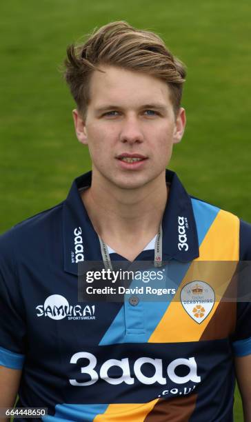 Matt Critchley poses in the NatWest T20 Blast kit during the Derbyshire County Cricket photocall held at The 3aaa County Ground on April 4, 2017 in...