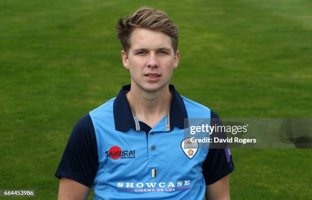 Matt Critchley poses in the Royal London One-Day Cup kit during the Derbyshire County Cricket photocall held at The 3aaa County Ground on April 4,...