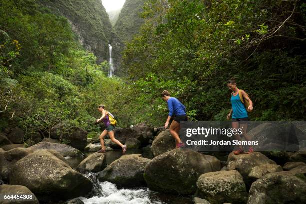 three females hiking across a creek. - hanalei stock pictures, royalty-free photos & images