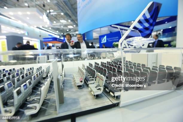 Scale model demonstrates the seat variations possible on an Airbus Group A380 aircraft at the 2017 Aircraft Interiors Expo in Hamburg, Germany, on...